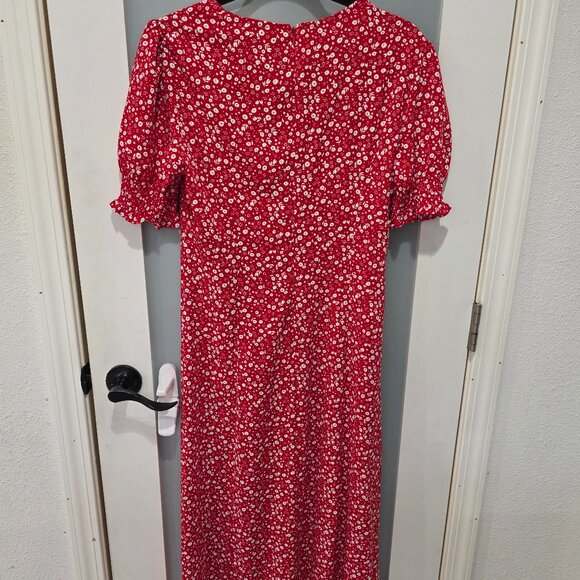 Bardot Red White Floral Midi Dress – Size 8 / Medium – Puff Sleeve Ruched Front - Picture 3 of 9